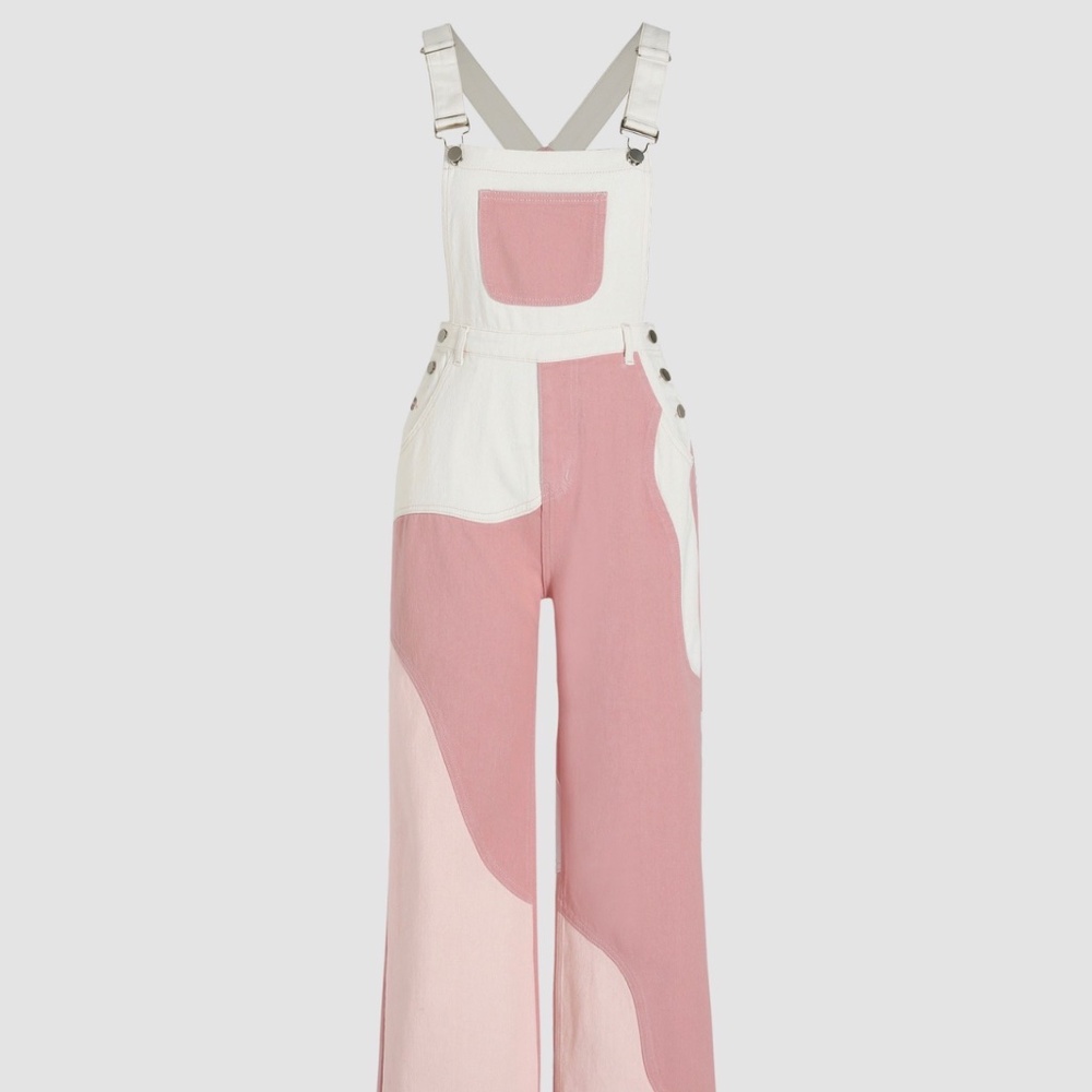 Cider pink patchwork denim overalls, 100% cotton, 3xl